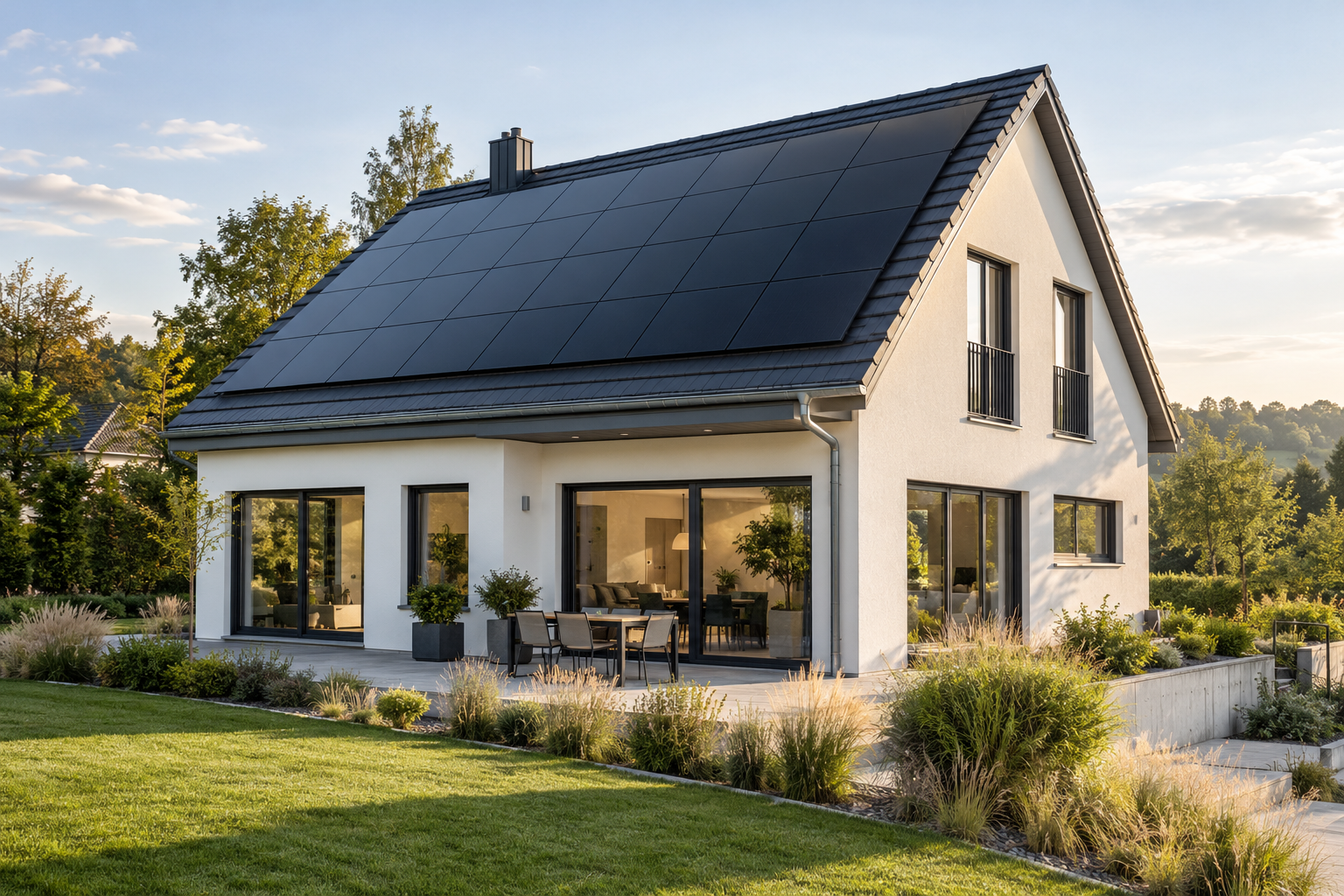 KI-generiertes Symbolbild eines modernen hellen Hauses mit schwarzer Photovoltaikanlage